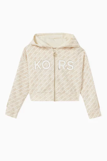 Logo-print Zip-up Hoodie in Stretch Cotton