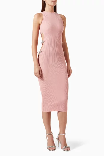 Cut-out Crystal Bow Midi Dress in Stretch Knit