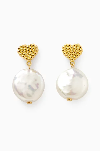 Kiku Freshwater Coin Pearl Heart Drop Earrings in 18kt Gold