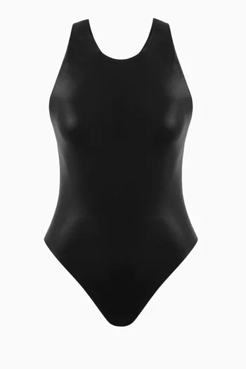 لباس سباحة قطعة واحدة بتصميم غير متماثل بظهر مكشوف نايلون مطاطي لامع