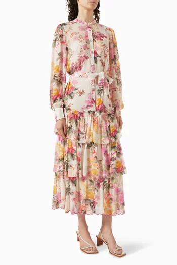 Floral Belted Ruffled Midi Dress