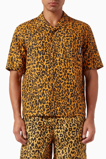 قميص بولينغ بنقشة جلد الفهد مزيج كتان
