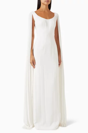 Pleated Cape-sleeve Maxi Dress in Crepe
