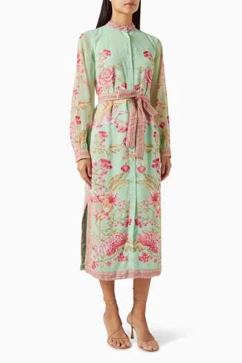 Floral-print Belted Midi Dress in Crinkled Georgette