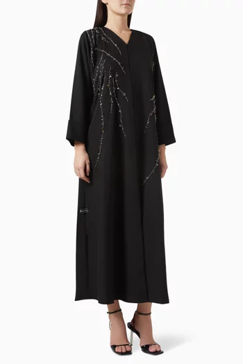Multi Bead & Crystal Embroidered Abaya in Mixed Linen