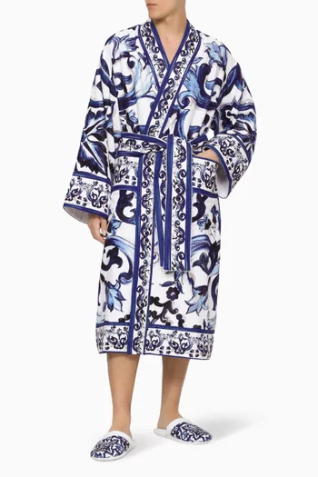 Unisex Blu Mediterraneo-print Bathrobe in Cotton-terry
