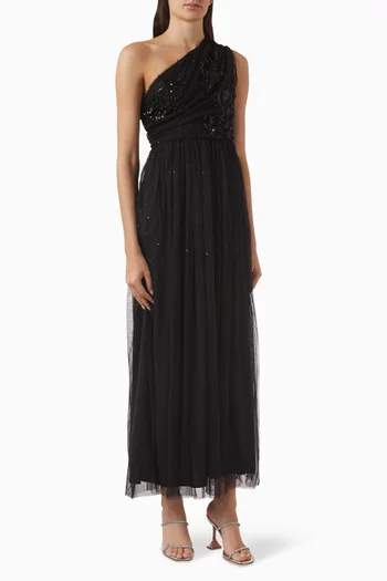 One-shoulder Embellished Maxi Dress in Tulle