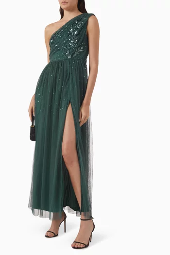 One-shoulder Embellished Maxi Dress in Tulle