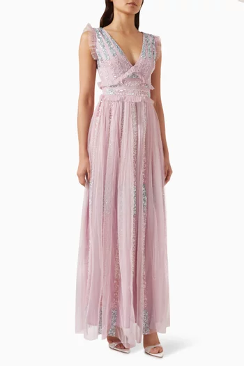 Embellished Ruffled-trim Maxi Dress in Tulle