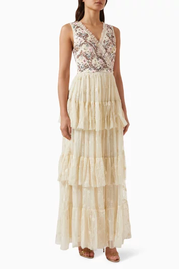 فستان طويل بتصميم ملفوف مطرز بزهور تول
