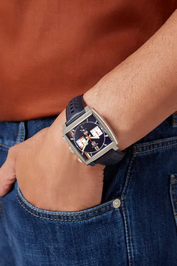 Monaco x Gulf Automatic Chronograph Steel & Leather Watch, 39mm