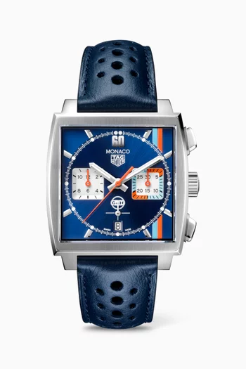 Monaco x Gulf Automatic Chronograph Steel & Leather Watch, 39mm