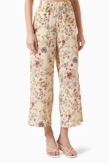 Gradara Floral-print Pants in Silk Crepe de Chine