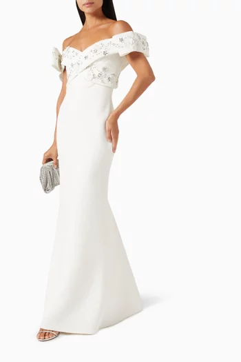 Beaded Off-Shoulder Gown in Stretch Scuba