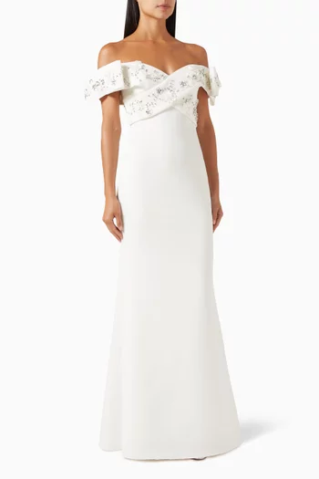 Beaded Off-Shoulder Gown in Stretch Scuba