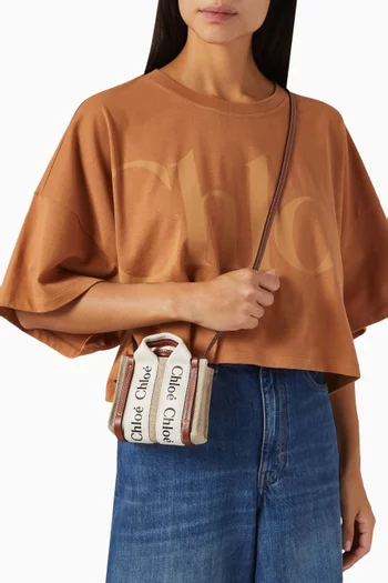 Mini Woody Tote Bag in Linen Canvas & Calfskin