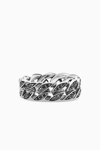 Curb Chain Link Black Diamond Ring in Sterling Silver