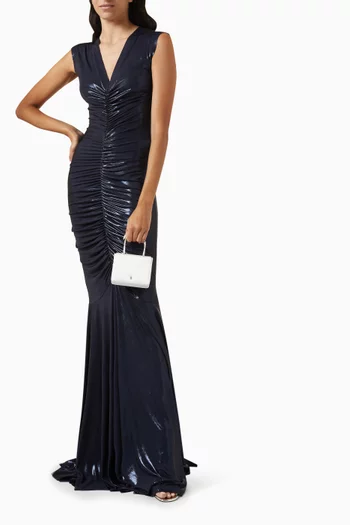 Deep V-neck Shirred Fishtail Gown in Stretch-lamé