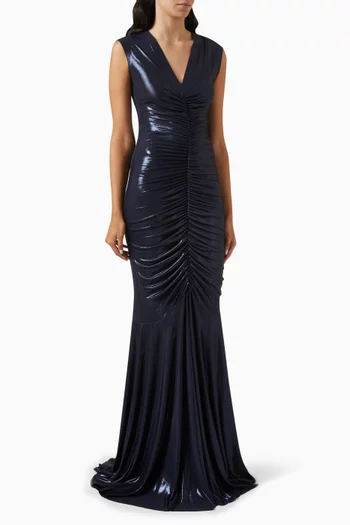 Deep V-neck Shirred Fishtail Gown in Stretch-lamé
