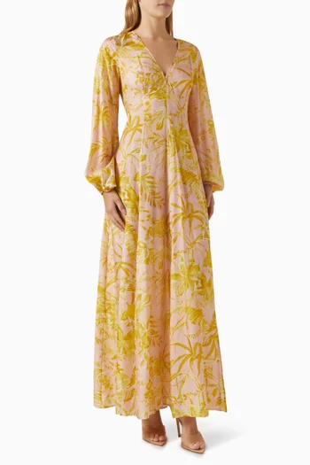 Golden Long-sleeve Maxi Dress in Silk