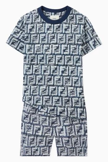 Fringed-effect FF Logo Print Shorts in Stretch Cotton