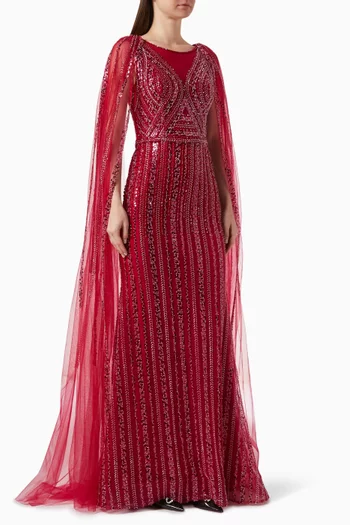 Embellished Cape-sleeve Gown in Tulle