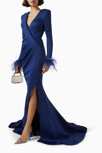 Feather-cuff Slit Gown in Scuba Fabric
