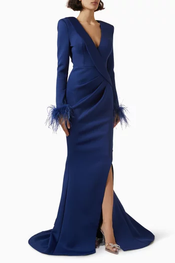 Feather-cuff Slit Gown in Scuba Fabric