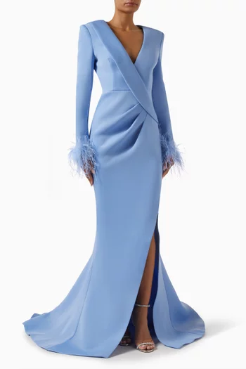 Feather-cuff Slit Gown in Scuba Fabric