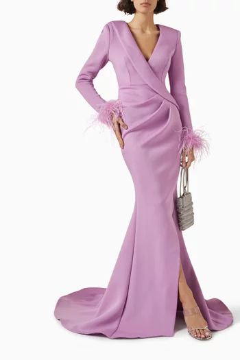 Feather-cuff Slit Gown in Scuba Fabric