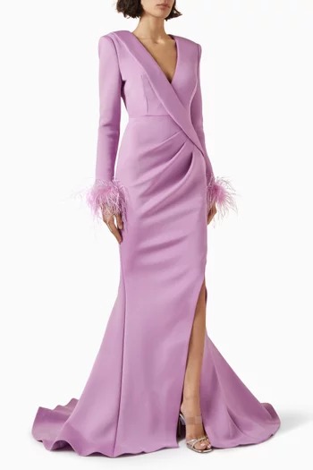 Feather-cuff Slit Gown in Scuba Fabric