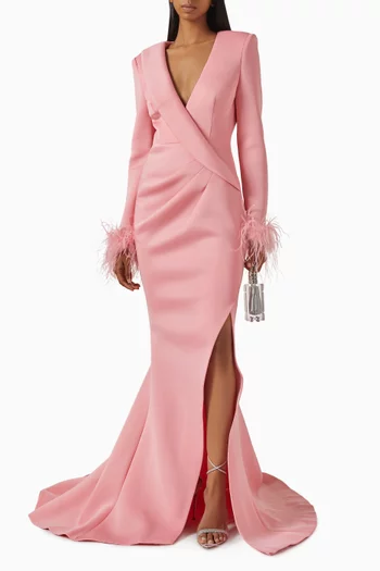 Feather-cuff Slit Gown in Scuba Fabric