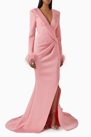 Feather-cuff Slit Gown in Scuba Fabric