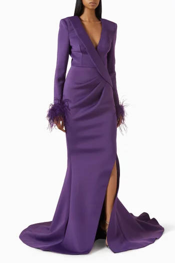 Feather-cuff Slit Gown in Scuba Fabric