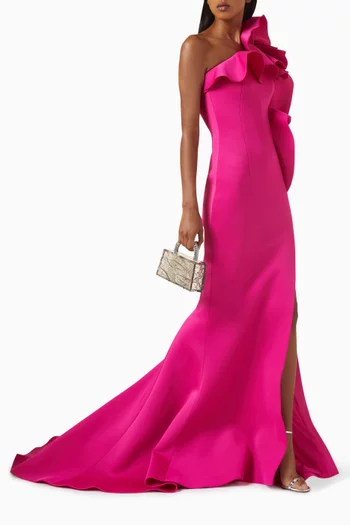 One-shoulder Ruffled Mermaid Gown in Scuba