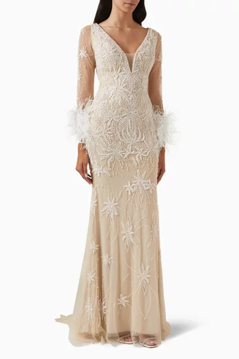Feather-trim Gown in Beaded Tulle