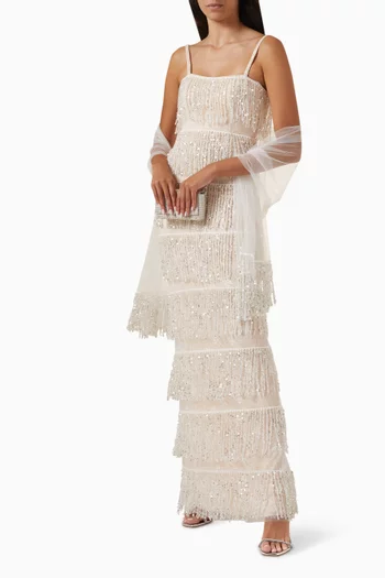 Beaded Fringe Gown in Tulle