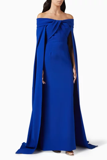 Twist Off-shoulder Cape Gown in Crepe