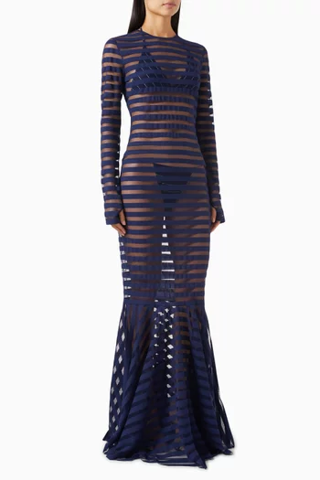 Fishtail Gown in Striped Mesh