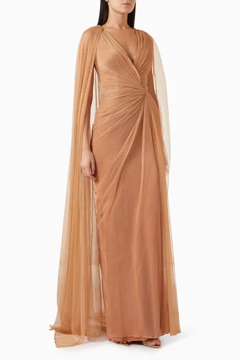 Asymmetrical Sleeve  Draped Dress in Tulle