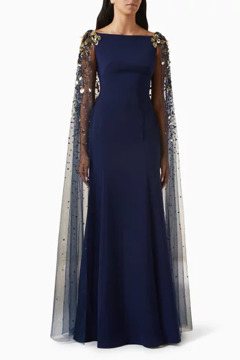 Bittersweet Beaded Cape Gown in Crepe