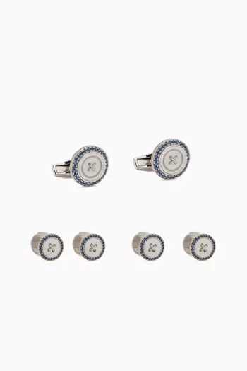 Button Mother-of-Pearl & Sapphires Cufflinks & Stud Set in Sterling Silver
