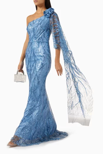 One-shoulder Embroidered Gown in Lace