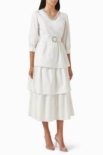 Embellished Belted Midi Dress in Cotton