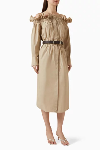 Off-shoulder Belted Midi Dress in Cotton