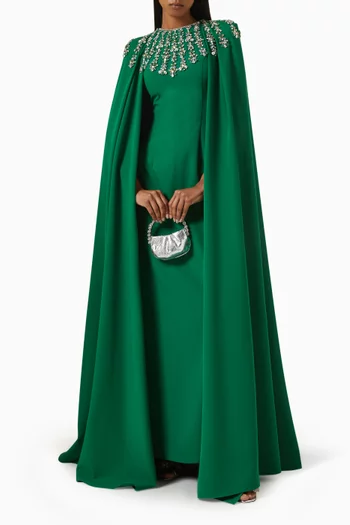 Embellished Cape-sleeve Gown in Rayon Jersey