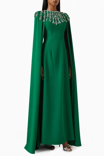 Embellished Cape-sleeve Gown in Rayon Jersey