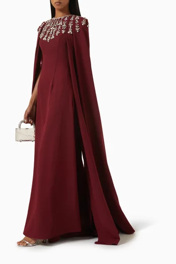 Embellished Cape-sleeve Gown in Rayon Jersey