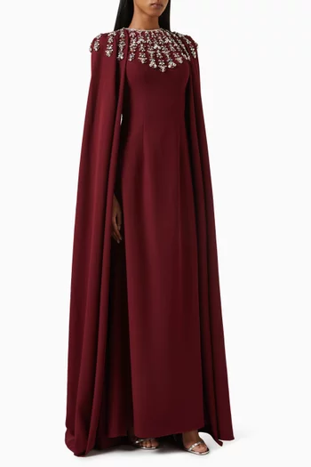Embellished Cape-sleeve Gown in Rayon Jersey