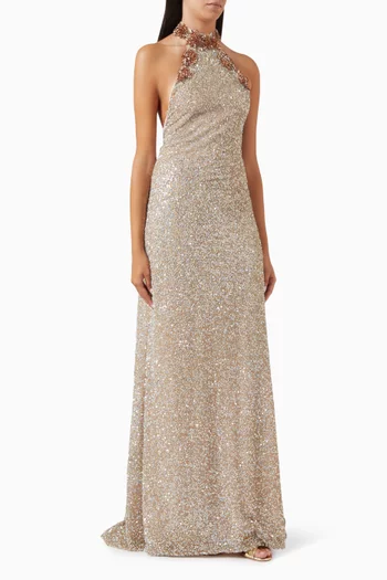 Trinity Sequin-embellished Halter Gown